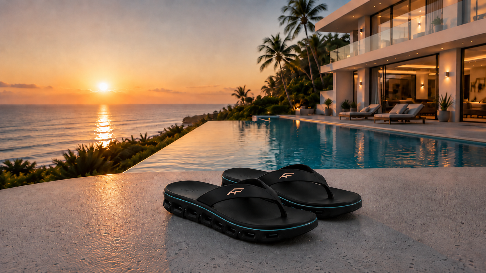 Luxury coastal villa at sunset with AeroFlip First Edition
